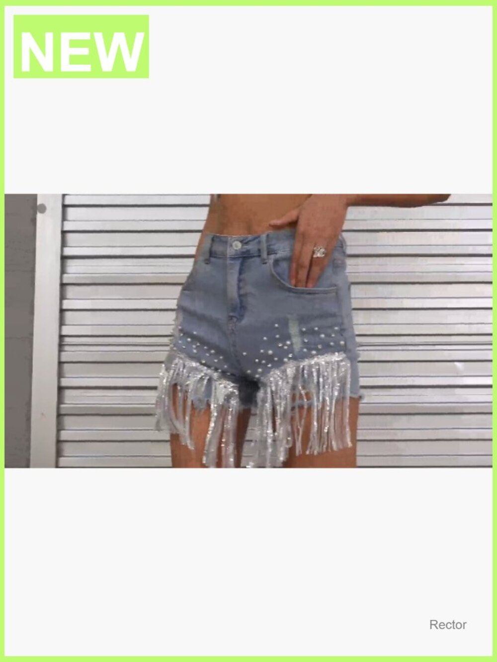 High Rise Rhinestone Fringe Denim Shorts - Distressed Ripped Jean - Picture 7 of 7